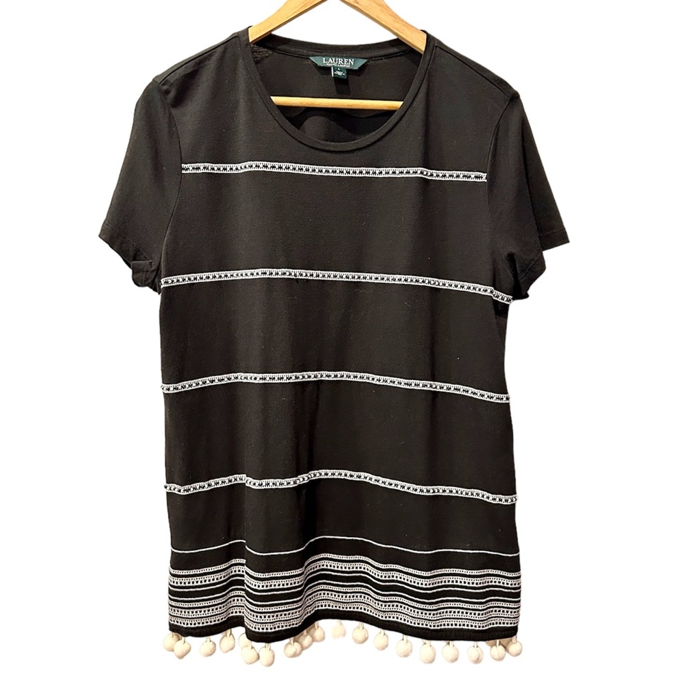 Lauren Ralph Lauren Black & Ivory Beaded Embroidered S/S Pom Pom Trim Large